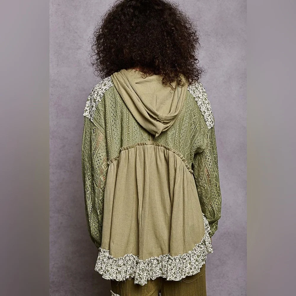 ⚡️ POL “ Basil Meadow “ Ruffle Knit Zip Up | Dried Basil - Picture 4 of 5